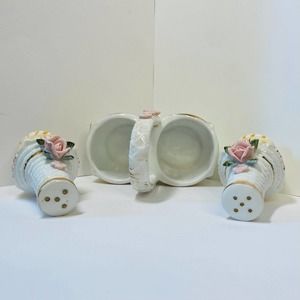 Ceramic floral rose salt pepper shakers basket flowers gold trim Japan Vintage